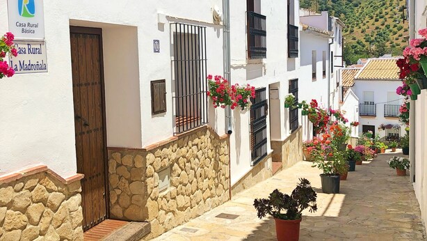 A narrow street with white buildings, stone walls, and potted plants. - IDEAL RURAL HOUSING TO ENJOY PEACE AND TRANQUILITY (EL GASTOR)