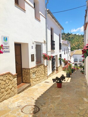 A narrow street with white buildings, stone walls, and potted plants. - IDEAL RURAL HOUSING TO ENJOY PEACE AND TRANQUILITY (EL GASTOR)