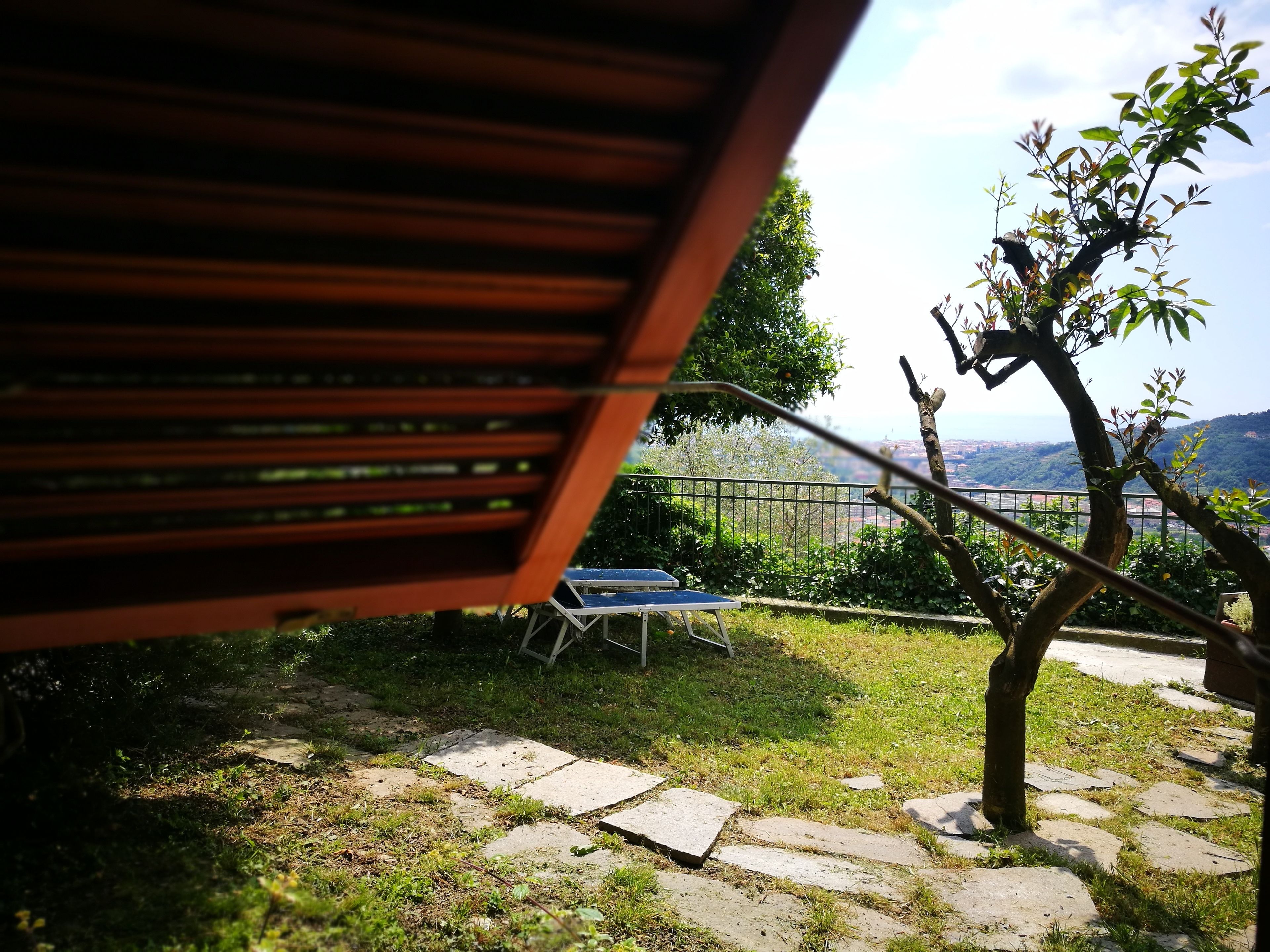 Un jardín con cerca metálica, un árbol y un banco.