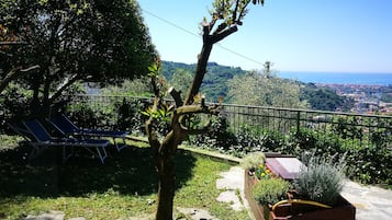Ein Garten mit Tischtennisplatte, einem Baum und Blick auf Stadt und Meer.