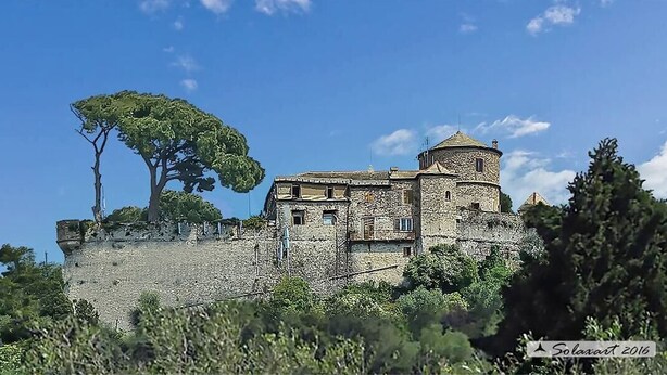 Ein historisches Steinhaus mit einem Turm, umgeben von üppigem Grün und blauem Himmel.