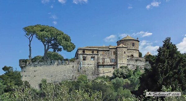 Un bâtiment historique en pierre, doté d’une tour, entouré d’une végétation luxuriante et surplombé d’un ciel bleu azur.