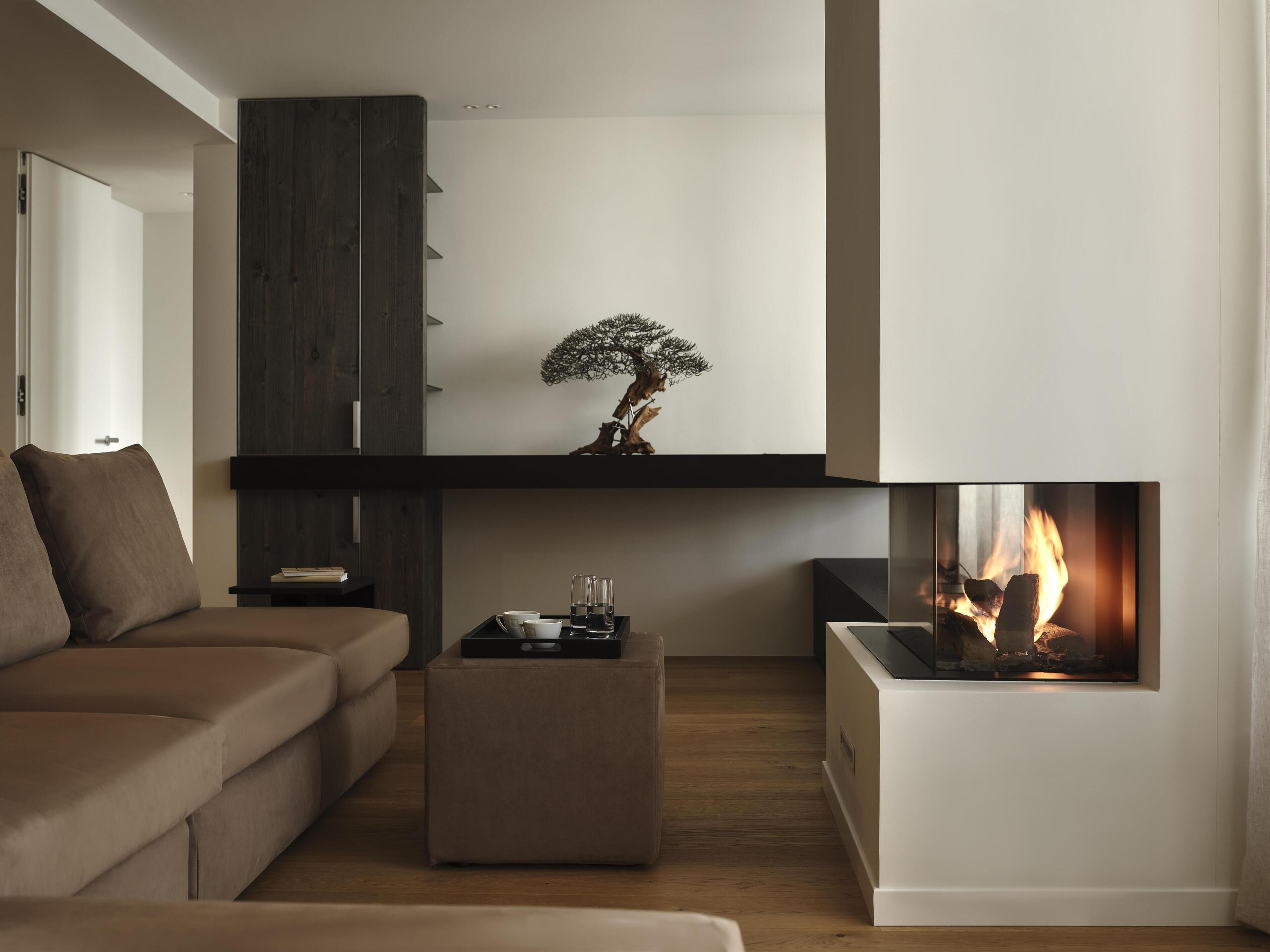 Una sala de estar moderna con un sofá, una mesita, un árbol decorativo y una chimenea.