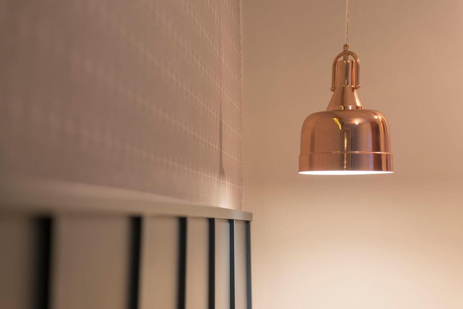 A pendant light fixture with a metallic finish.
