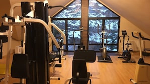 A gym with various exercise equipment, large windows with a snowy view, and a wooden floor. - Villa De Sallent 3 (Sallent de Gallego)
