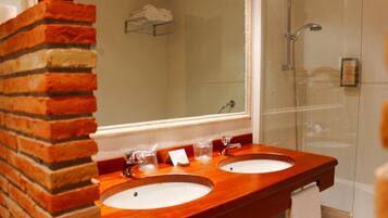 Bathtub, deep soaking tub, hair dryer, towels