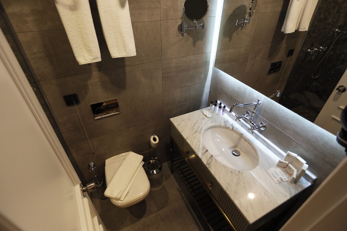 A bathroom with a marble sink, a toilet, and a mirror.