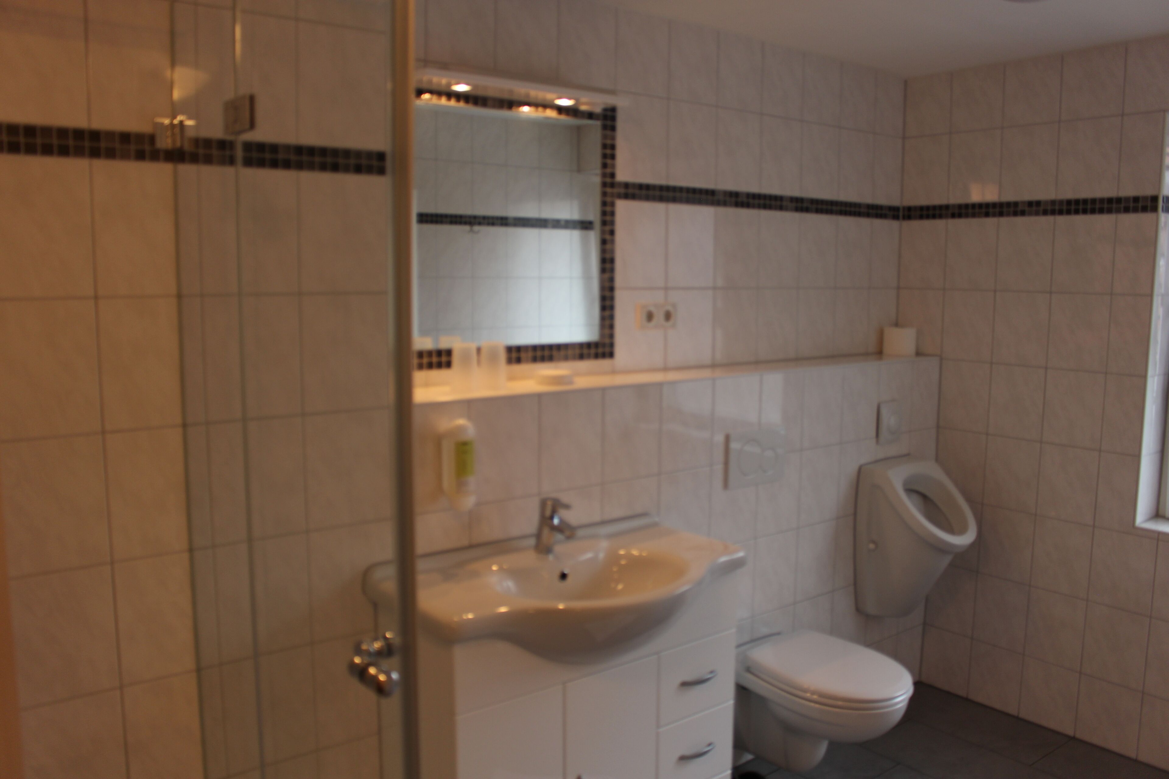 A bathroom with a white sink, a toilet, and a mirror.