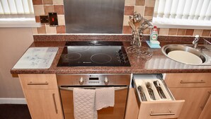 Una cocina con tope de inducción negro, horno de acero inoxidable, un lavamanos y armarios de madera.
