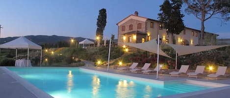Seasonal outdoor pool, pool umbrellas, pool loungers