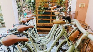 Une rangée de vélos anciens est garée dans un espace extérieur, avec une clôture en bois et de la verdure en arrière-plan.