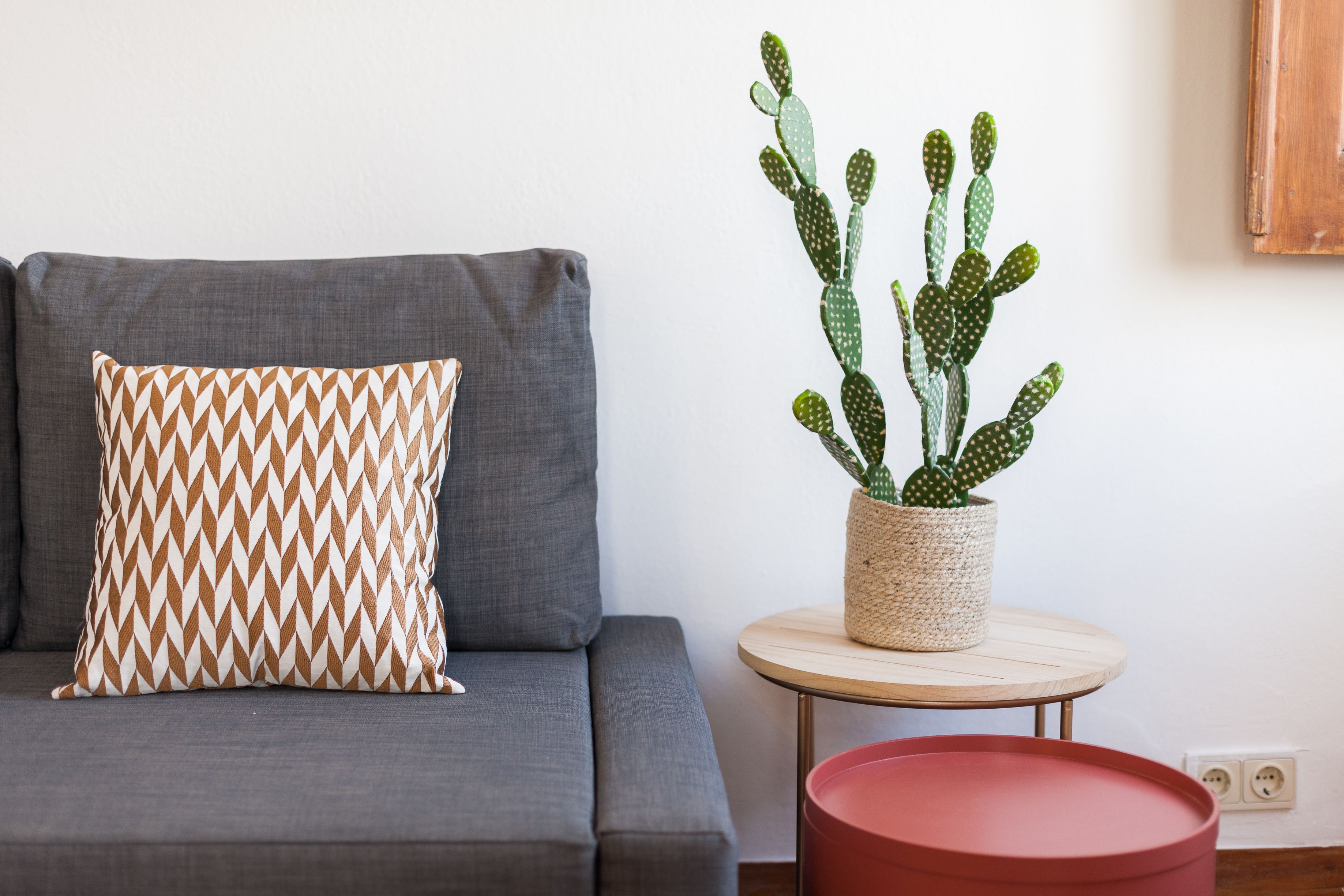 Ein graues Sofa mit einem gemusterten Kissen, ein kleiner runder Tisch mit einem Kaktus und ein roter Hocker.