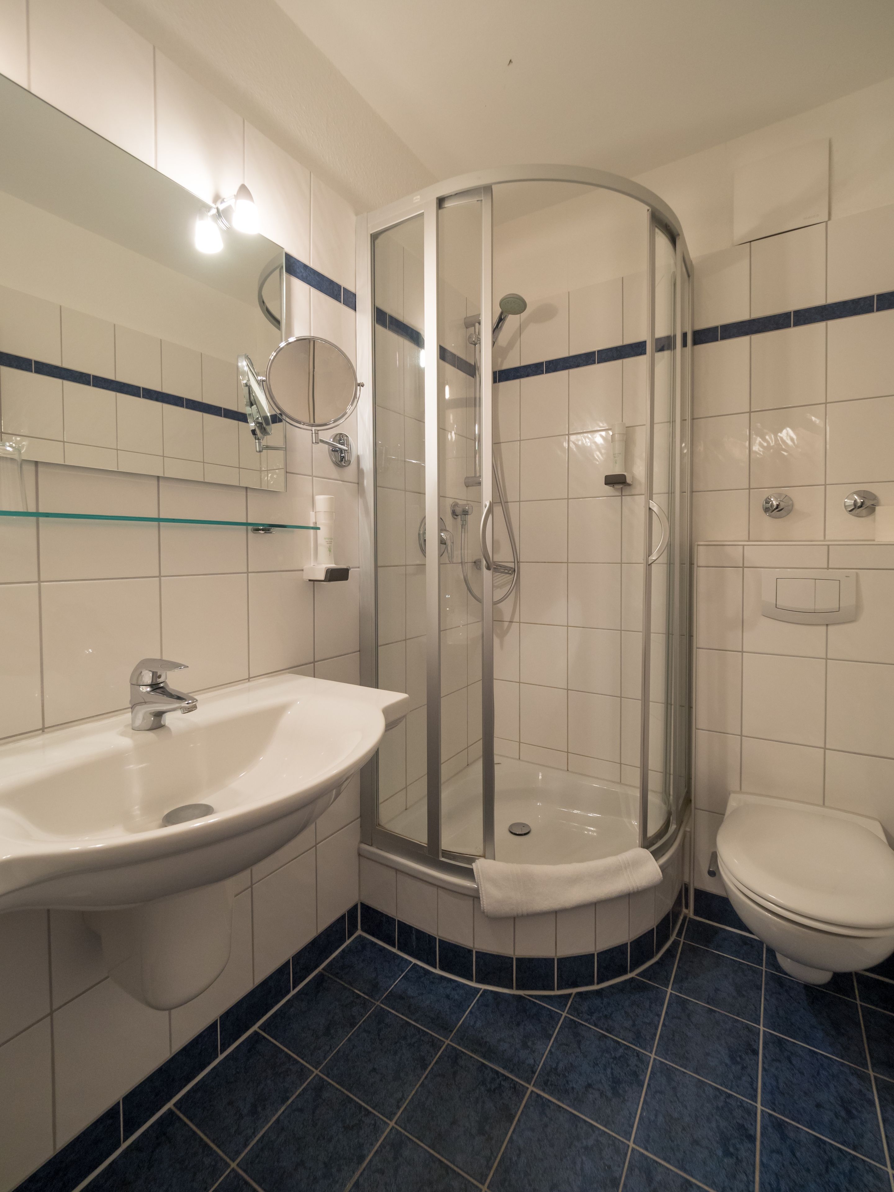 A bathroom with a glass-enclosed shower, a sink, and a toilet.