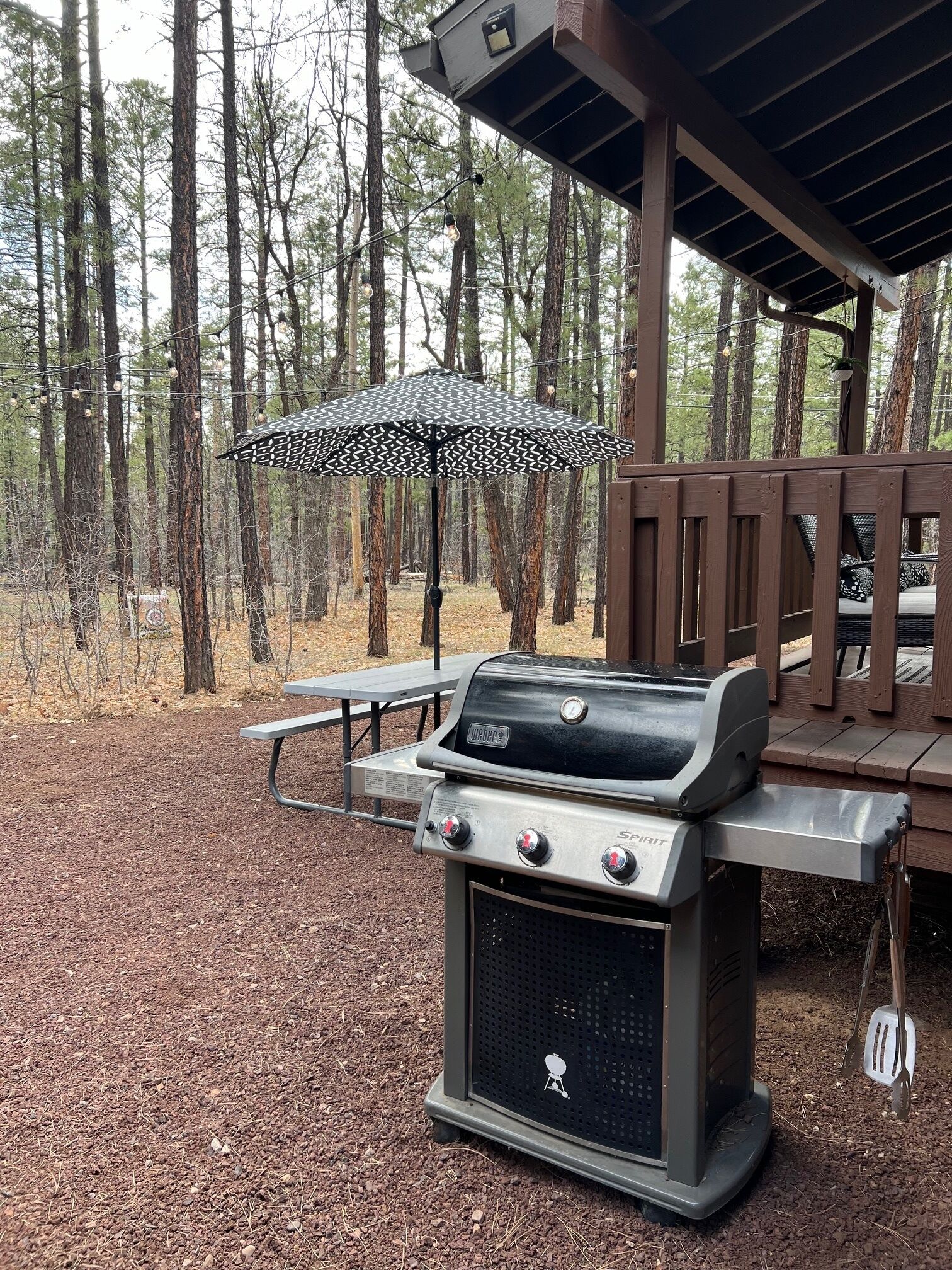 A portable grill with a digital display, a picnic table, and a patterned umbrella in a wooded area.