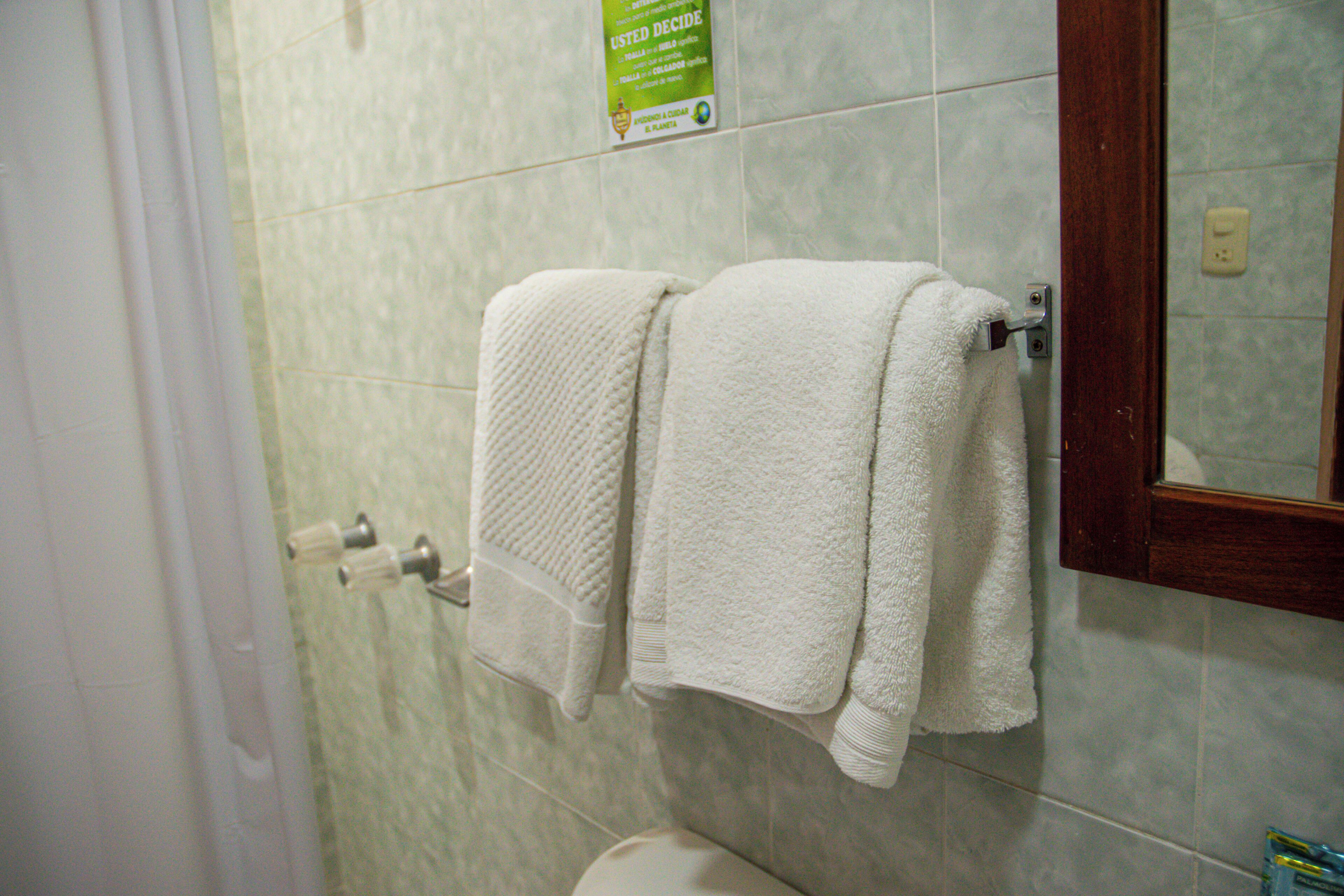 Un bagno con un portasciugamani che contiene due asciugamani bianchi, un cartello verde sulla parete e uno specchio con cornice in legno.