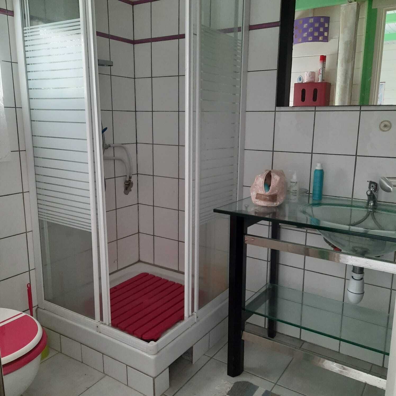 A bathroom with a glass shower enclosure, a glass sink, and a red mat inside the shower.