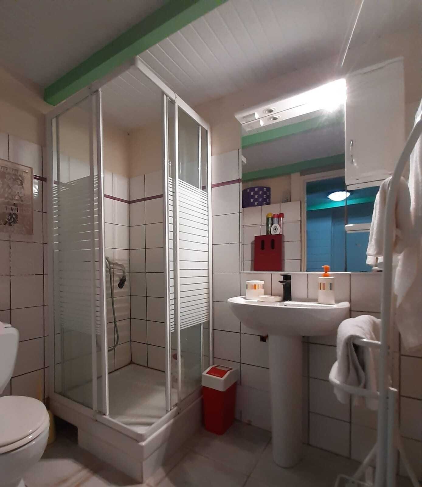 Un baño con ducha de mampara de vidrio, un lavamanos blanco con espejo y un cubo de basura rojo.