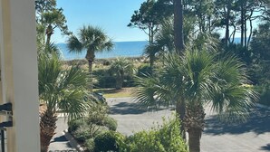 A view from a window overlooking a parking area with palm trees and a clear blue sky. - Sandy Feet Retreat-New Shower-Bikes Incl-Oceanview (Hilton Head Island)