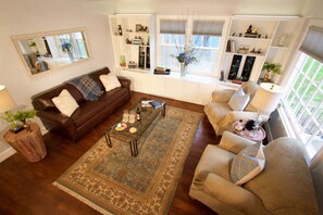 TV, fireplace, books