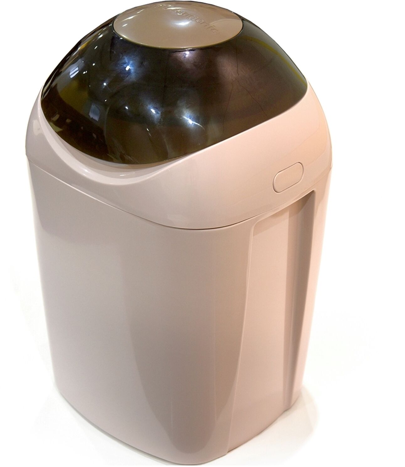 Une poubelle compacte, de forme cylindrique, dotée d’un couvercle métallique et d’un corps de couleur beige.