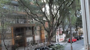 A multi-story building with balconies, parked cars, and trees along the street. - Studio Lily1 - Coração do Rio (Laranjeiras)