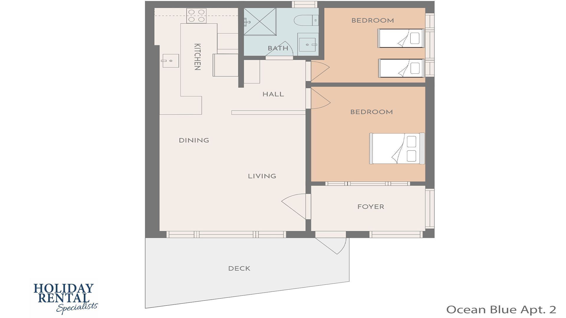 A floor plan of a two-bedroom apartment with a kitchen, dining area, living room, foyer, and a deck.