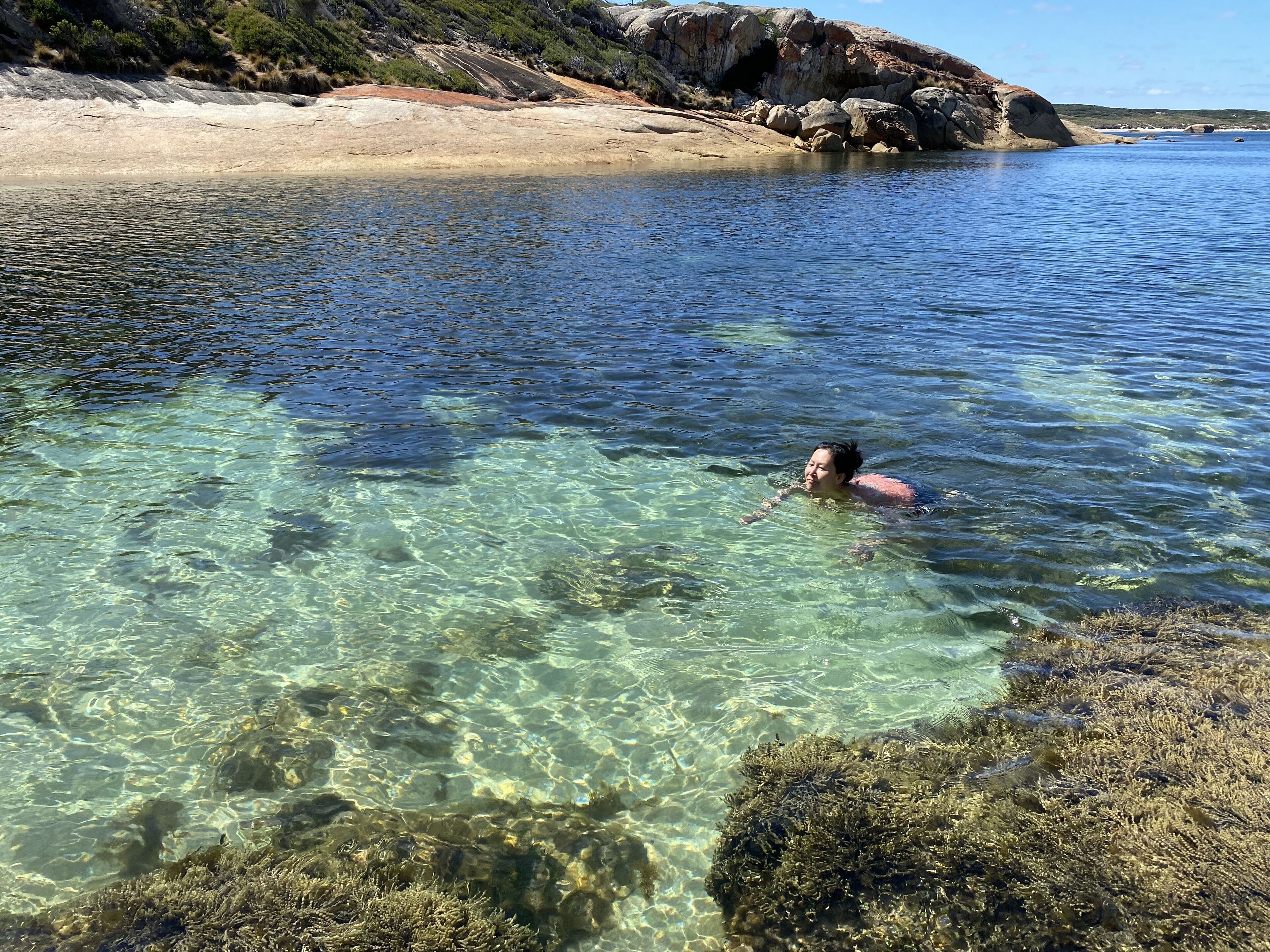 Una persona nadando en agua cristalina con rocas y algas visibles.