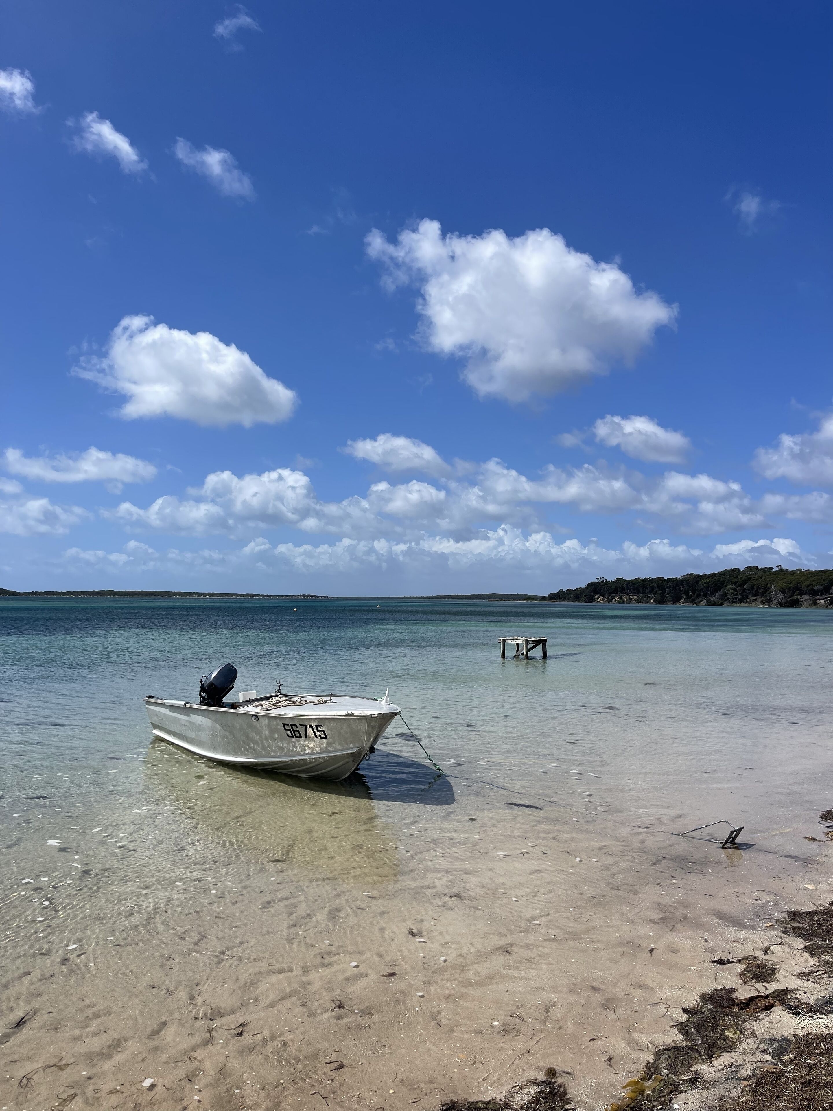 A boat tied to a sandy beach with clear water and a distant shoreline.