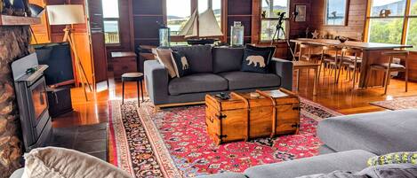Smart TV, fireplace, books