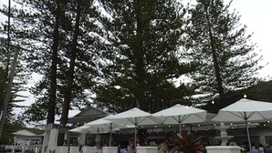 An outdoor seating area with umbrellas and a sign reading "The Boat House." - The Beach House - close to everything! (Patonga)