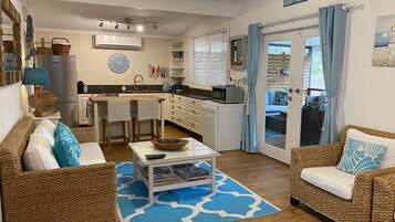 Smart TV, fireplace, DVD player, books