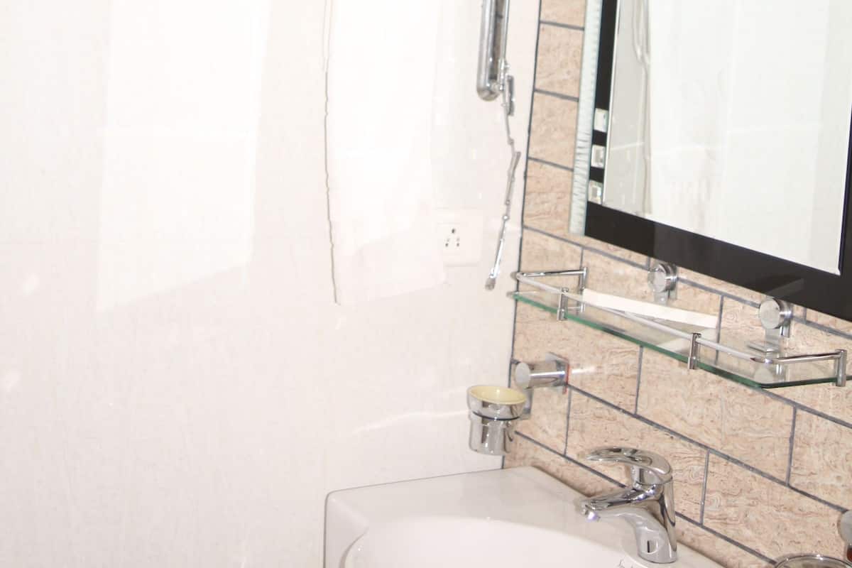 Shower, rainfall showerhead, hair dryer, slippers