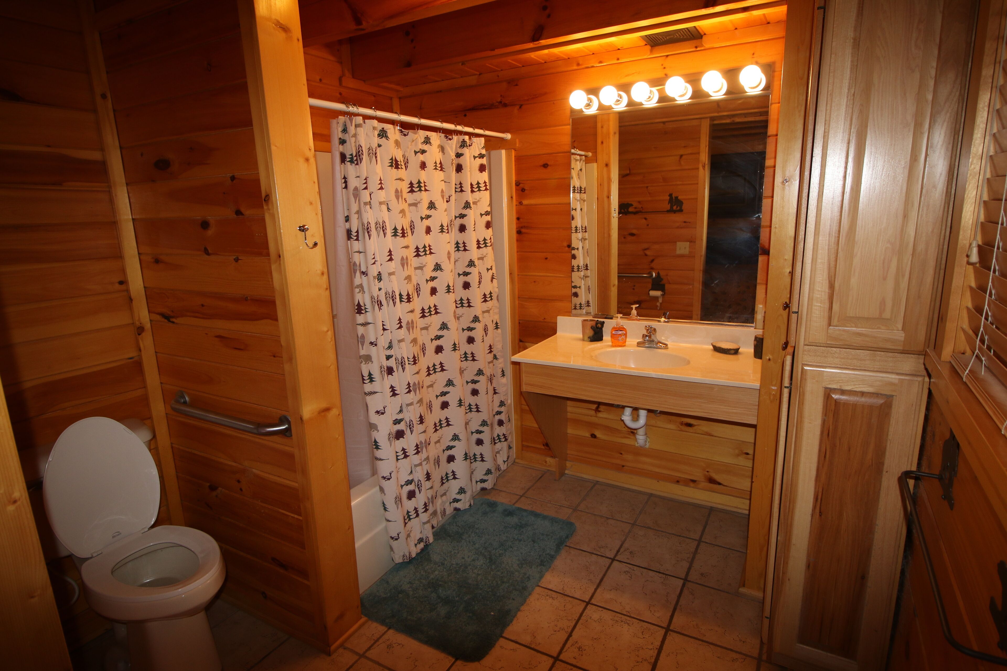Baño de cabaña de madera con inodoro, cortina de ducha, lavamanos y espejo.