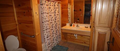 Baño de cabaña de madera con inodoro, cortina de ducha, lavamanos y espejo.