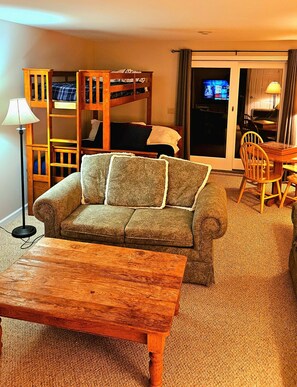 Smart TV, fireplace, video games, DVD player