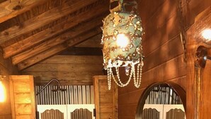 Un baño rústico de madera con inodoro blanco, lavamanos de cobre y una araña.