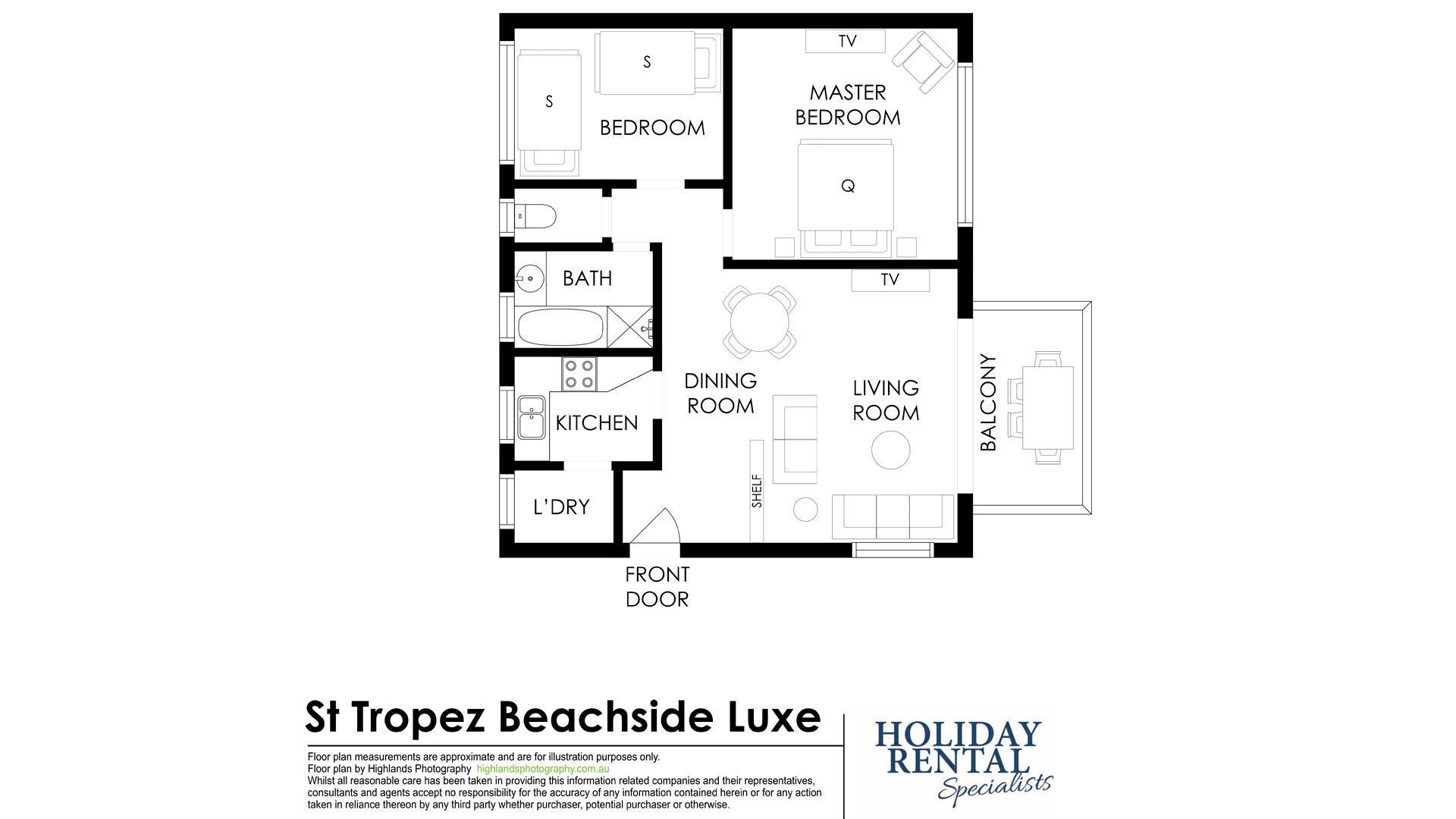 Grundriss von St Tropez Beachside Luxe, mit Hauptschlafzimmer, zwei Schlafzimmern, einem Badezimmer, einer Küche, einem Esszimmer, einem Wohnzimmer und einem Balkon.