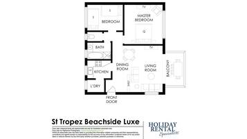 Grundriss von St Tropez Beachside Luxe, mit Hauptschlafzimmer, zwei Schlafzimmern, einem Badezimmer, einer Küche, einem Esszimmer, einem Wohnzimmer und einem Balkon.