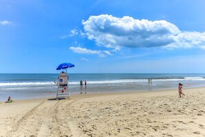 En la playa y camastros 