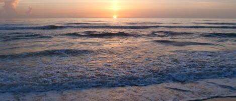 On the beach, sun-loungers, beach towels