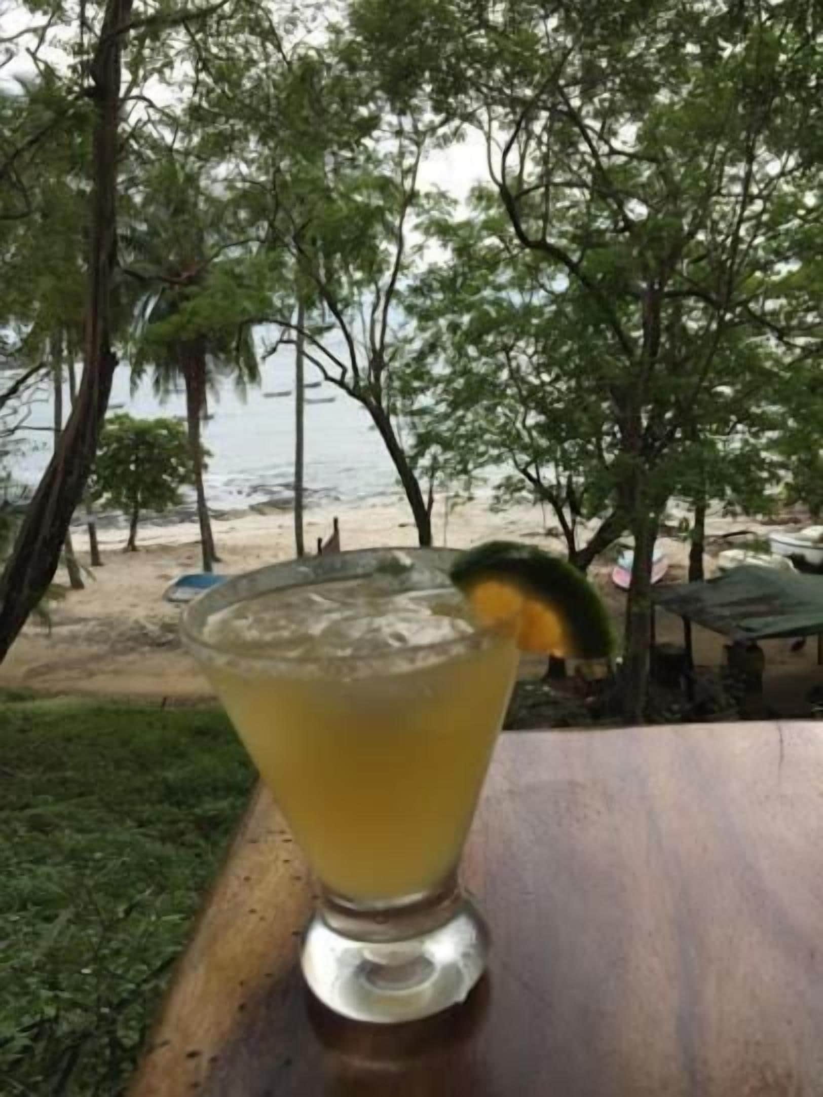 A glass of yellow beverage with a lemon slice on a wooden table, overlooking a beach with trees and a sandy shore.