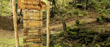 A wooden signpost with multiple directional arrows and text indicating nearby attractions and services.