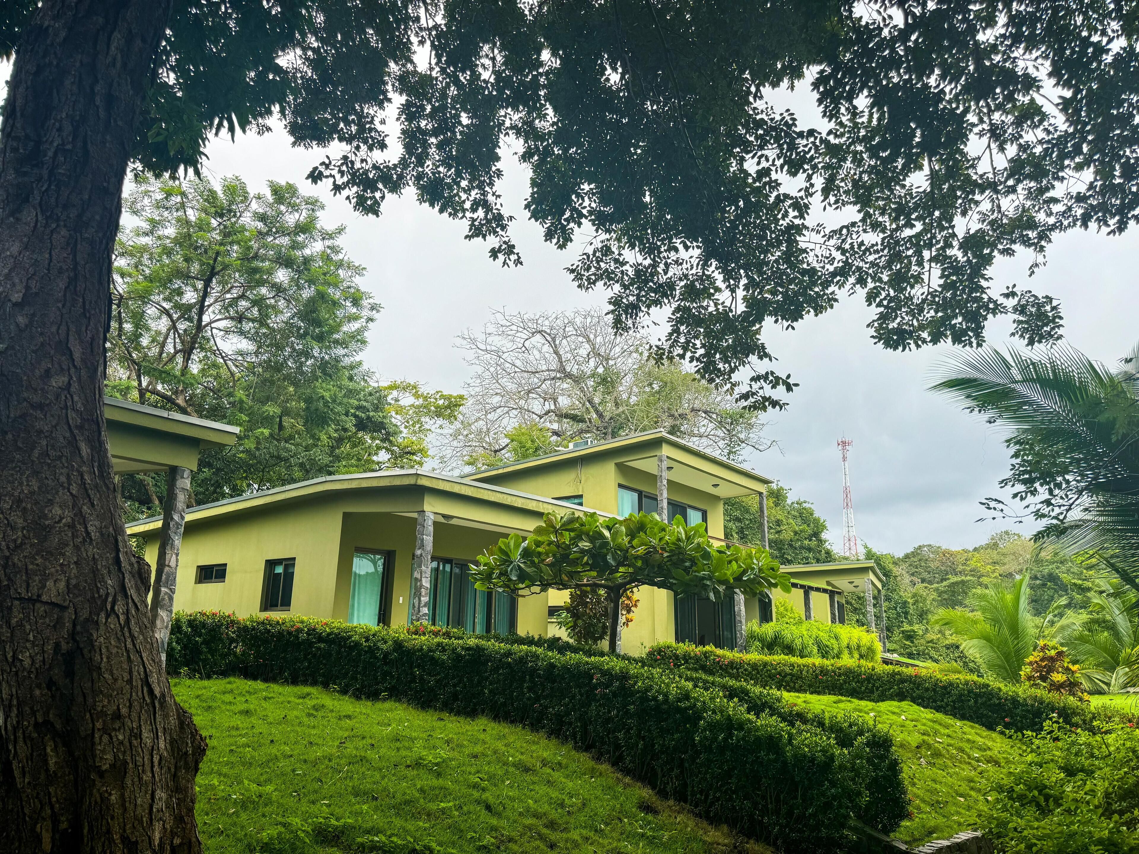 Un edificio de dos pisos con fachada verde, rodeado de exuberante follaje y árboles.