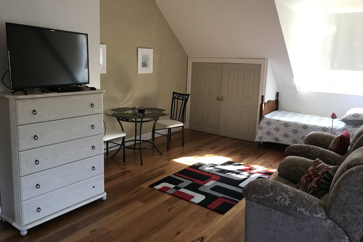 Una habitación con televisión sobre un aparador, una mesa de comedor con sillas, una cama con colcha estampada y una ventana que deja entrar luz natural.