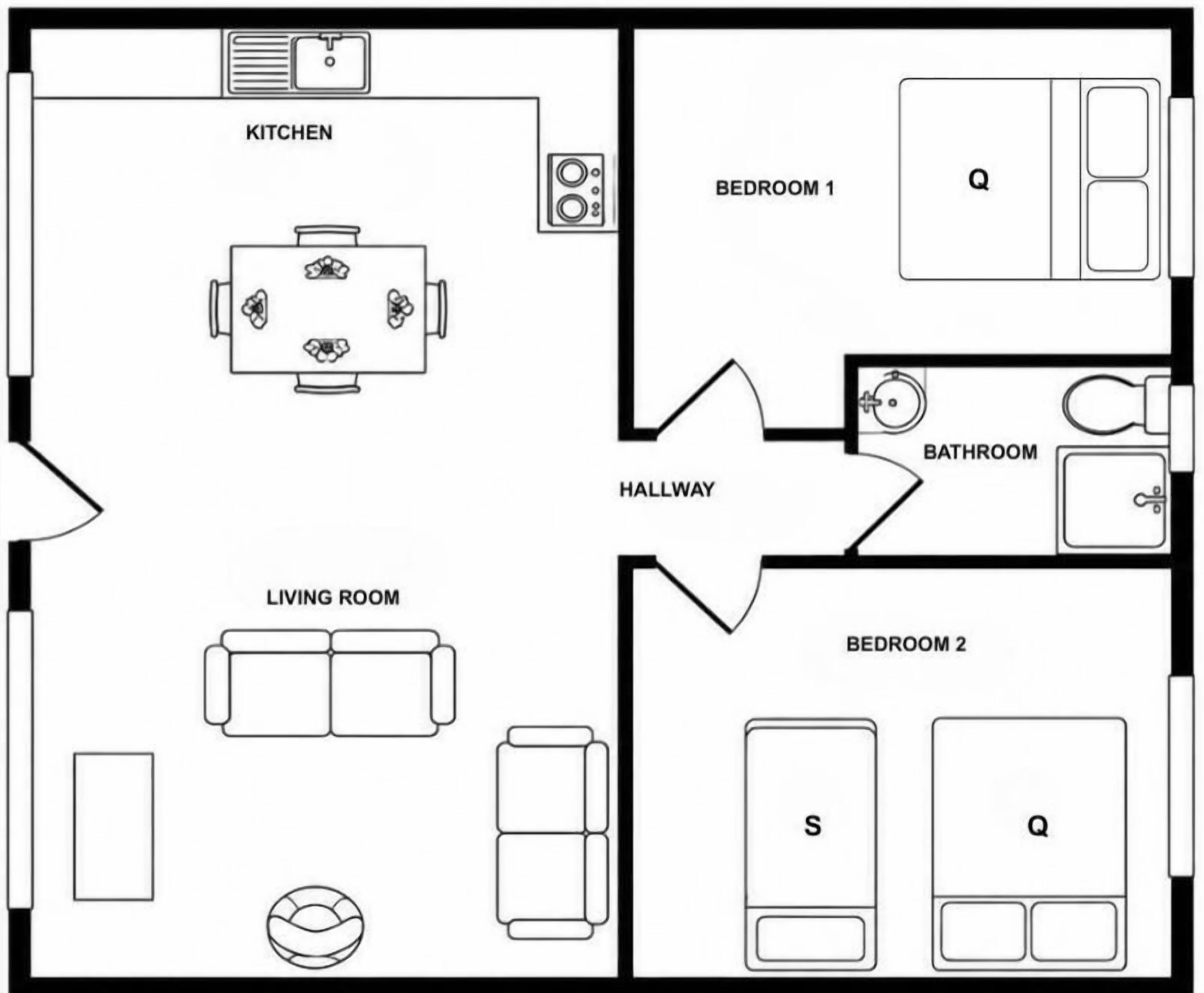 A floor plan with a kitchen, two bedrooms, a living room, and a bathroom.