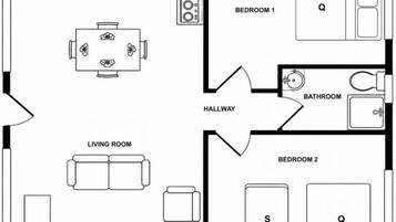 A floor plan with a kitchen, two bedrooms, a living room, and a bathroom.