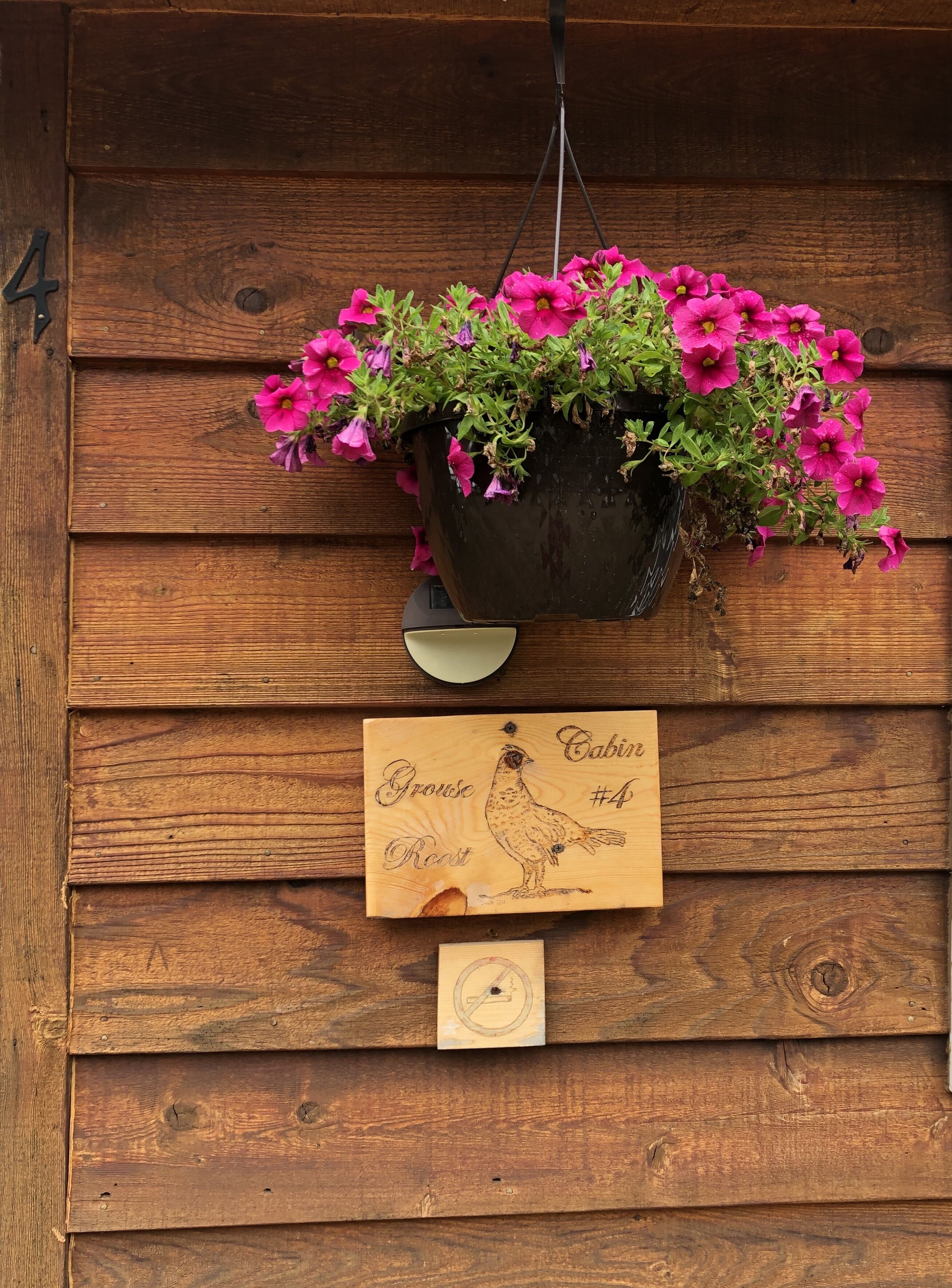 A wooden cabin wall with a hanging flower pot and a wooden sign with a rooster illustration.