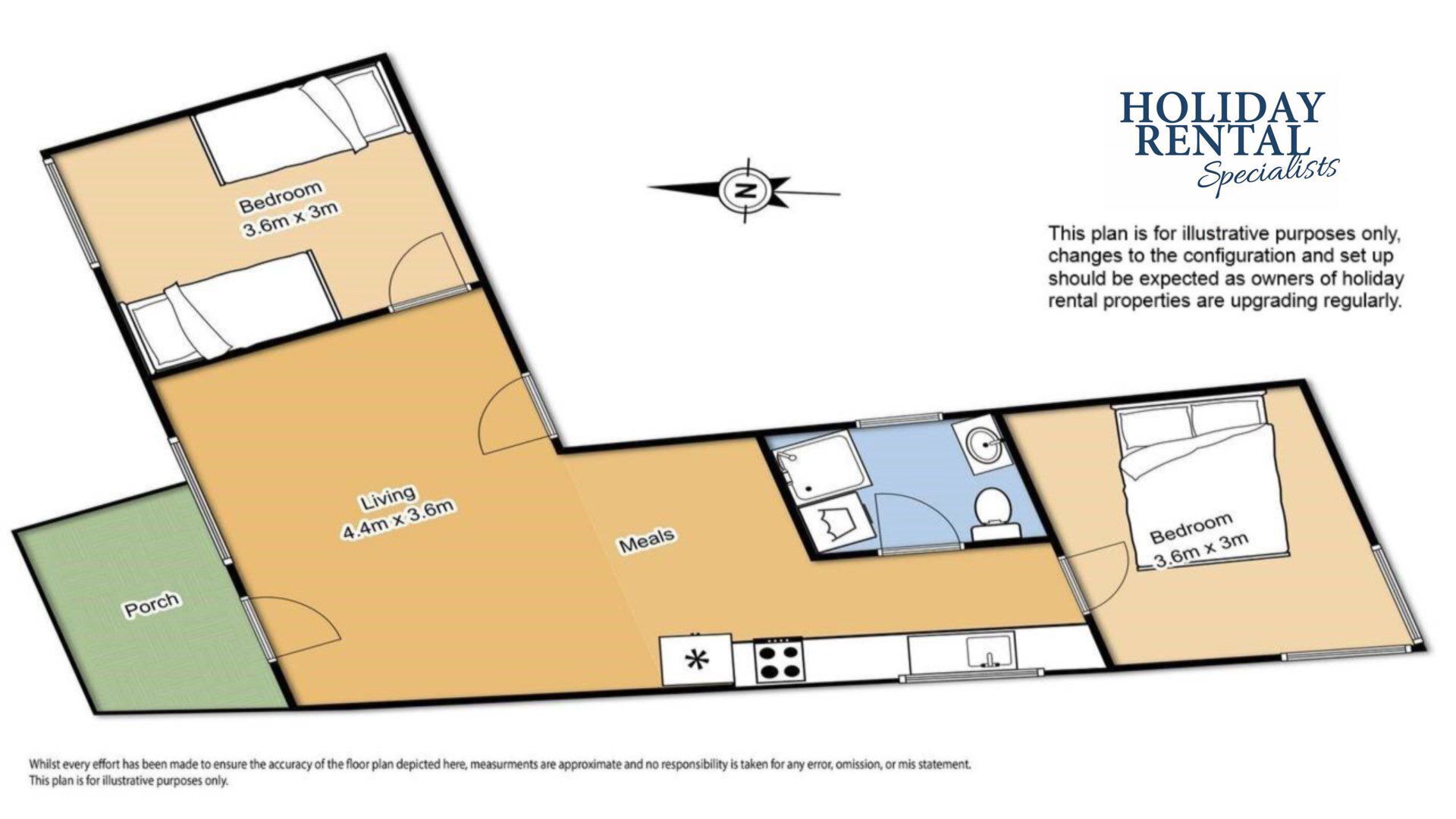 A floor plan of a holiday rental property with a bedroom, living room, meals area, and a porch.