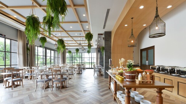 Un comedor amplio con mesas y sillas de madera, plantas colgantes y una mesa de buffet.