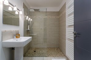 Ensemble baignoire-douche, séchoir à cheveux, serviettes fournies, savon